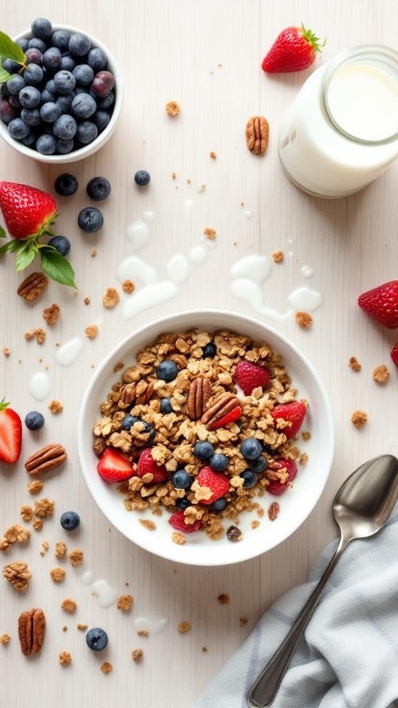 A bowl of pecan and maple granola topped with strawberries and blueberries, with a glass of milk and more berries on the side.