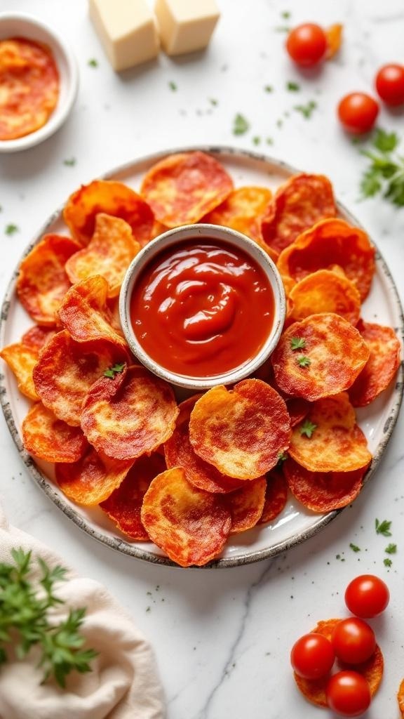 A plate of crispy pepperoni chips served with a small bowl of dipping sauce.