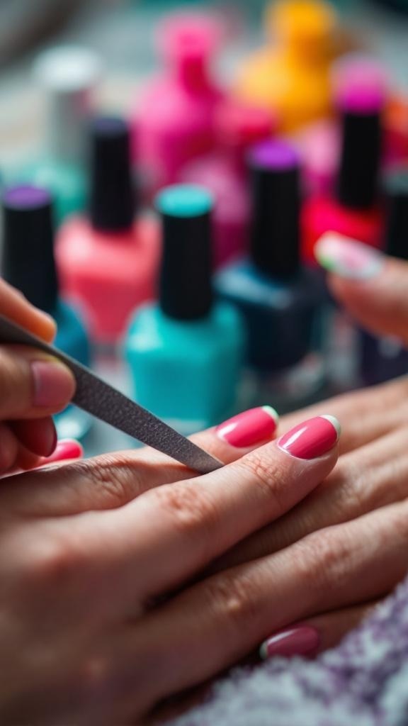 A person filing their nails with colorful nail polish bottles in the background.