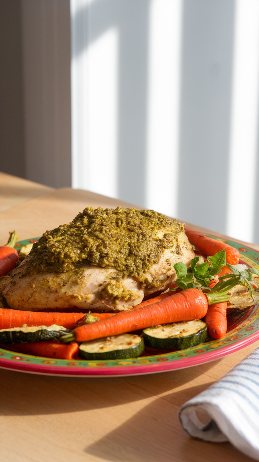 Plate of pesto chicken with roasted carrots and zucchini