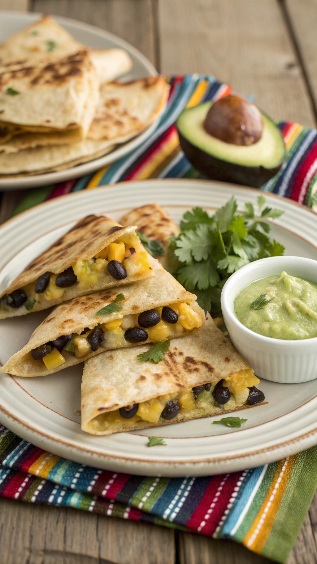 Pineapple and black bean quesadillas served with avocado dip and cilantro