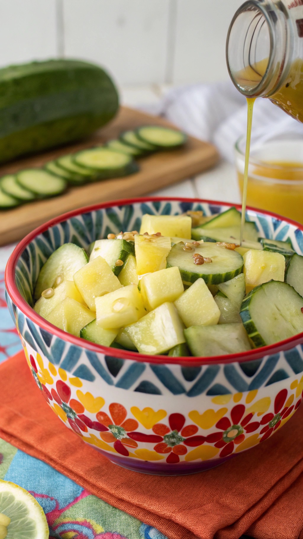 A colorful bowl of pineapple and cucumber salad with dressing being poured over it.