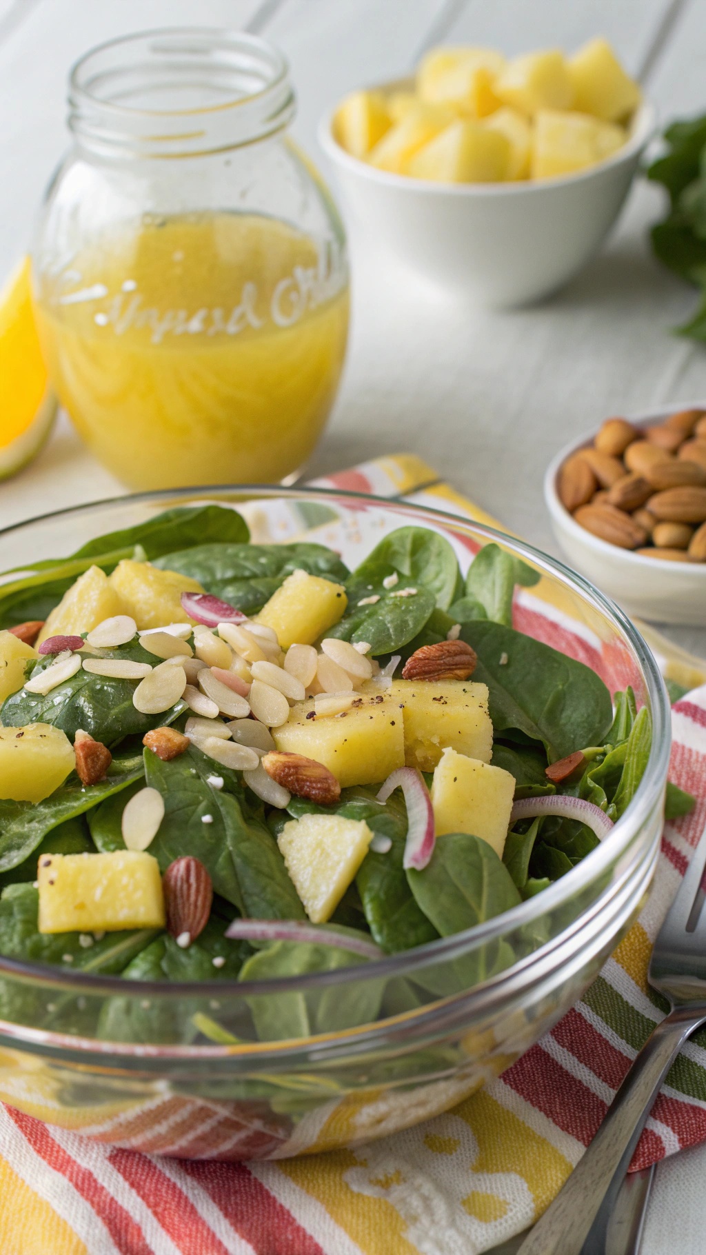 A vibrant salad with spinach, pineapple, almonds, and a jar of dressing in the background.