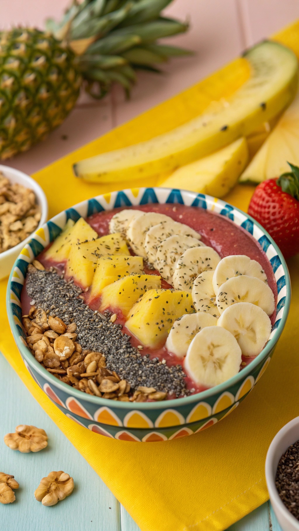 A colorful pineapple banana smoothie bowl topped with banana slices, pineapple chunks, chia seeds, and granola.