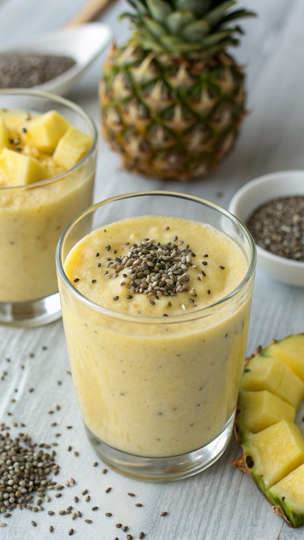 A refreshing pineapple chia seed smoothie in a glass, topped with chia seeds, with fresh pineapple chunks and chia seeds in the background.