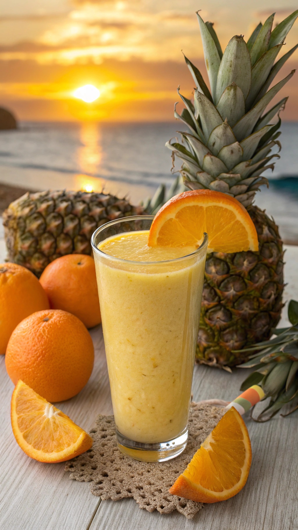 A refreshing Pineapple Citrus Sunrise Smoothie with oranges and a pineapple in the background, set against a sunset beach scene.