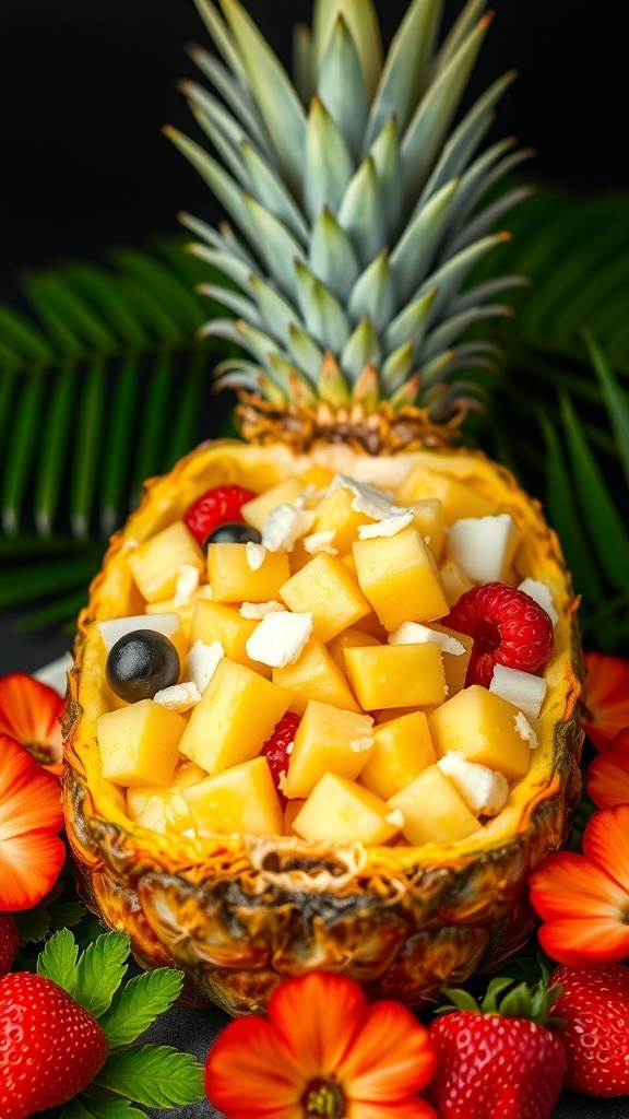 A vibrant pineapple coconut fruit salad with diced fruits and coconut flakes, garnished with mint leaves.