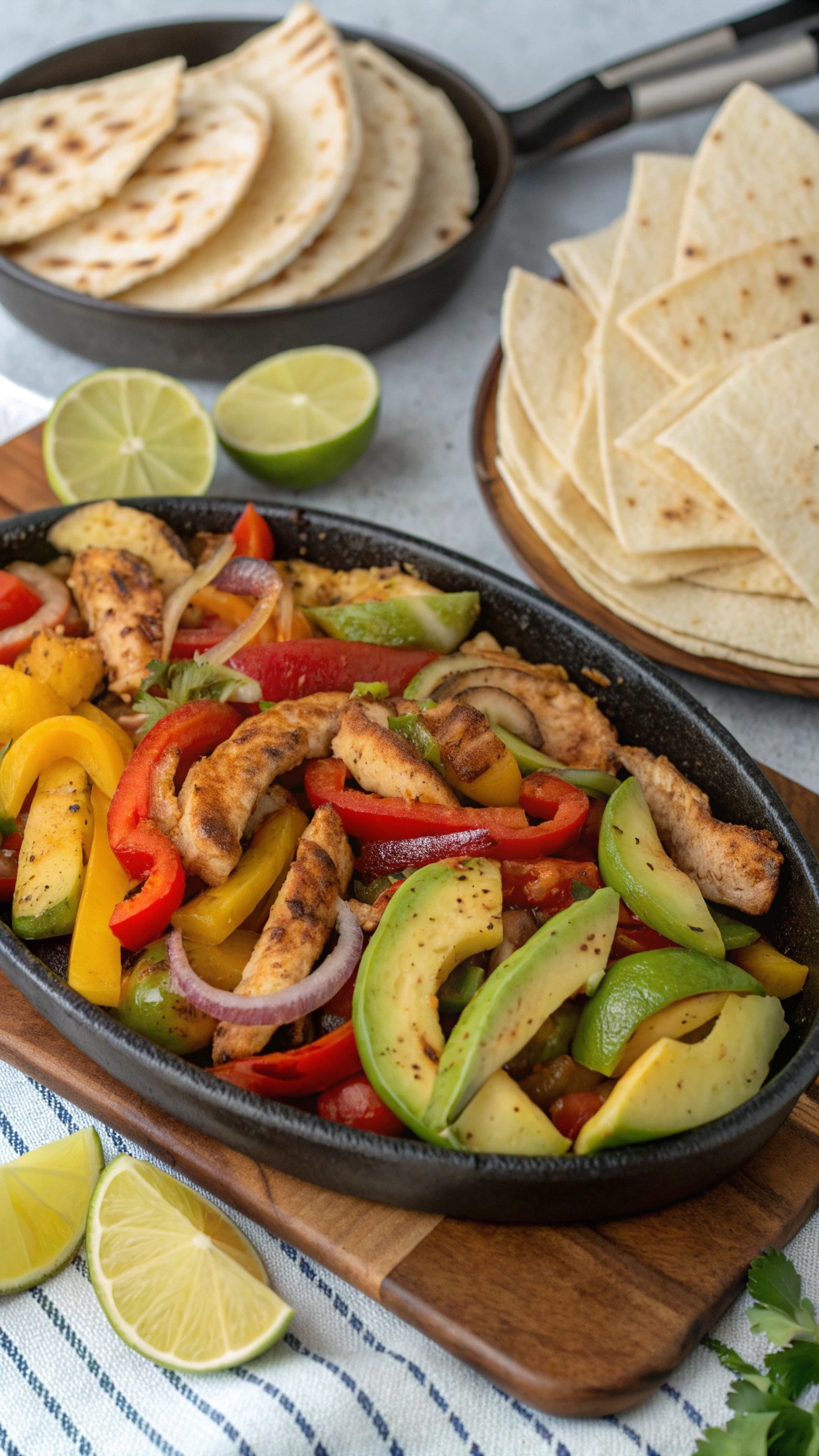 A vibrant plate of pineapple fajitas with chicken, colorful bell peppers, and warm tortillas.