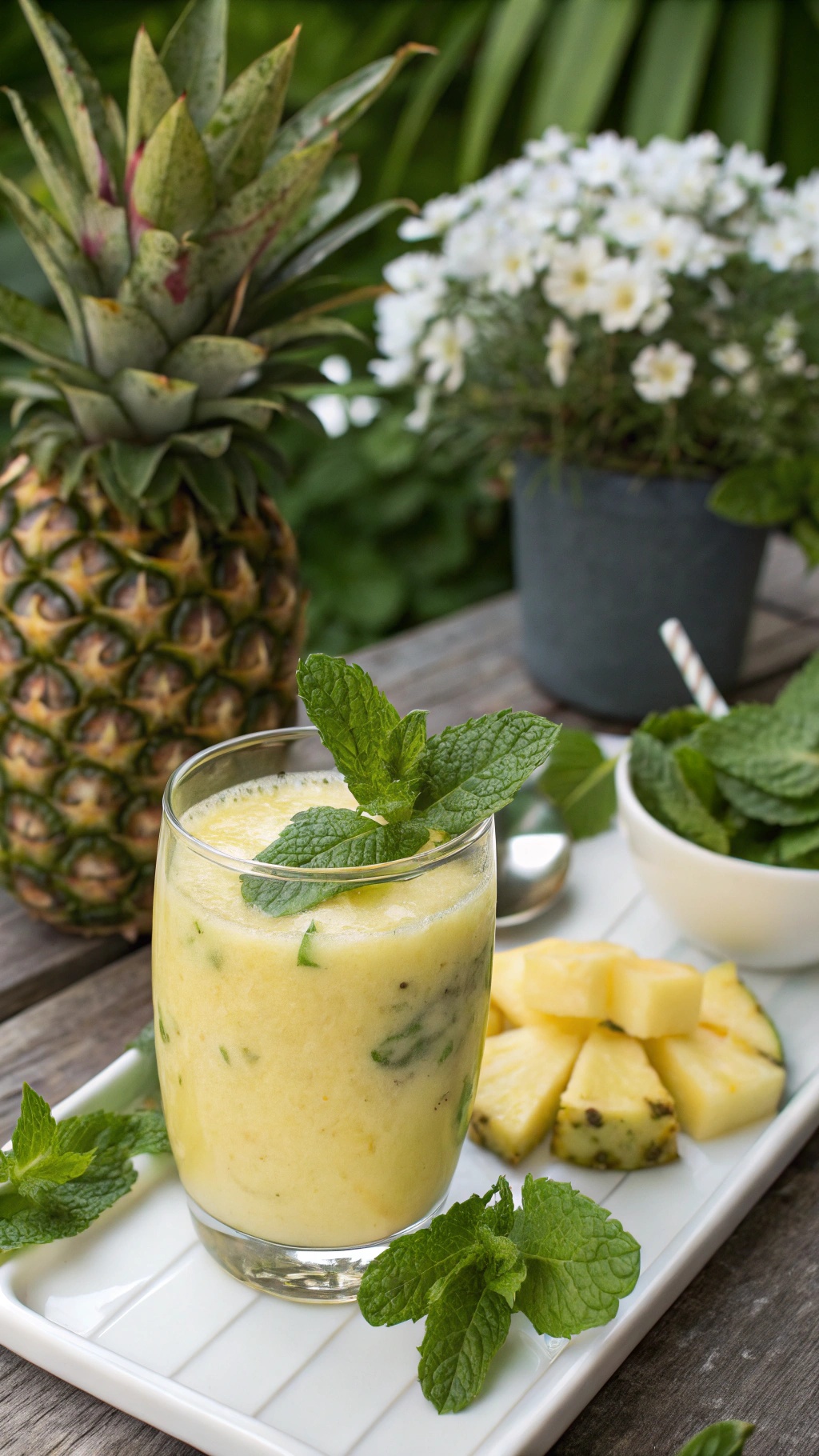 A refreshing Pineapple Mint Cooler Smoothie in a glass, garnished with mint leaves, with a whole pineapple and mint in the background.