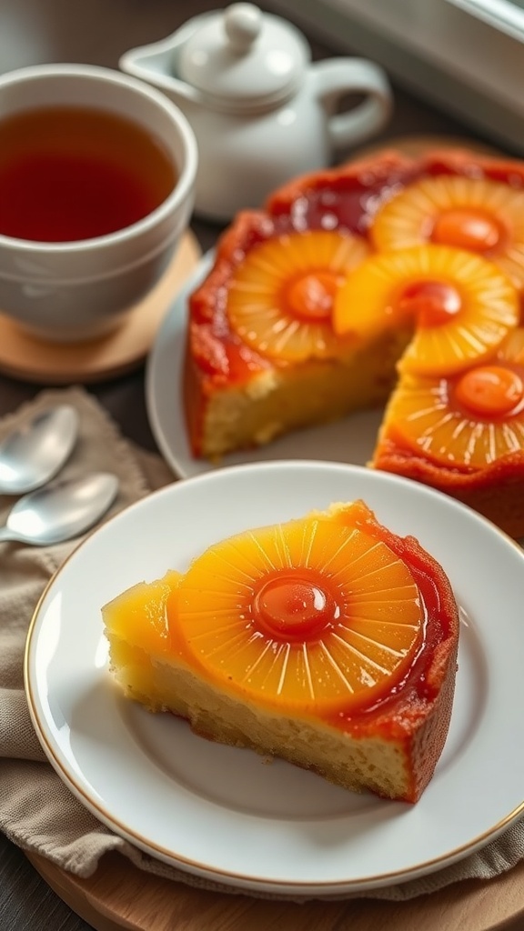 A slice of pineapple upside-down cake on a white plate, with a whole cake in the background and a cup of tea beside it.