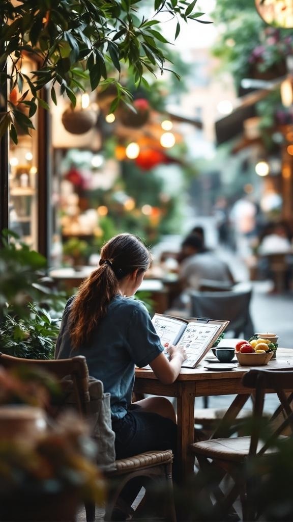 A person reading a menu at a café surrounded by greenery.