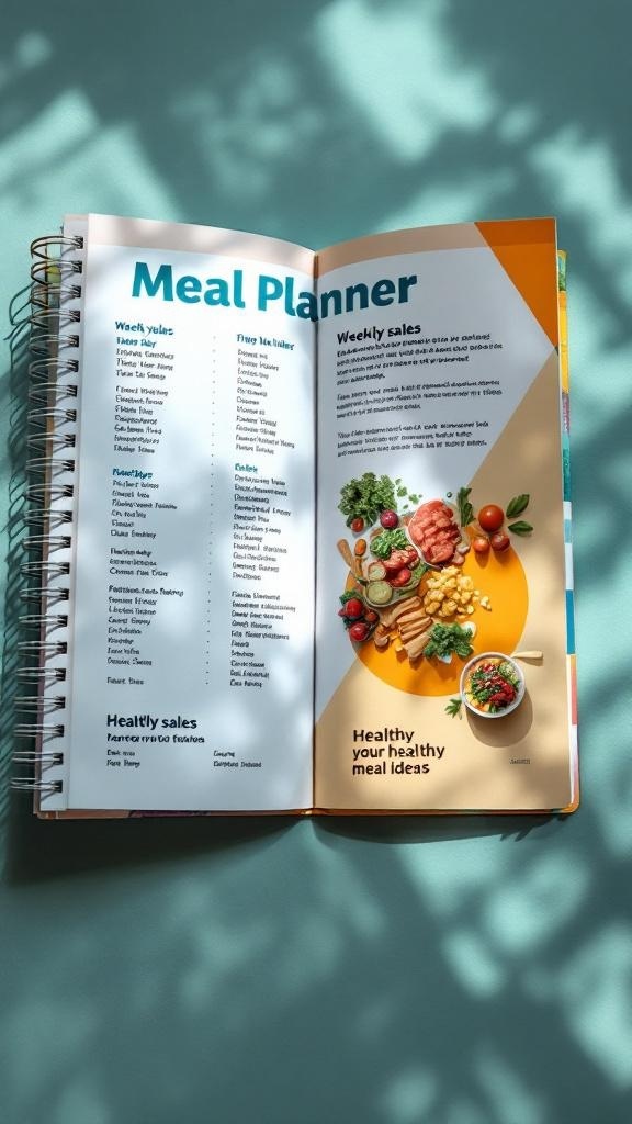A meal planner with prices and discounts for healthy meals, surrounded by fresh ingredients.