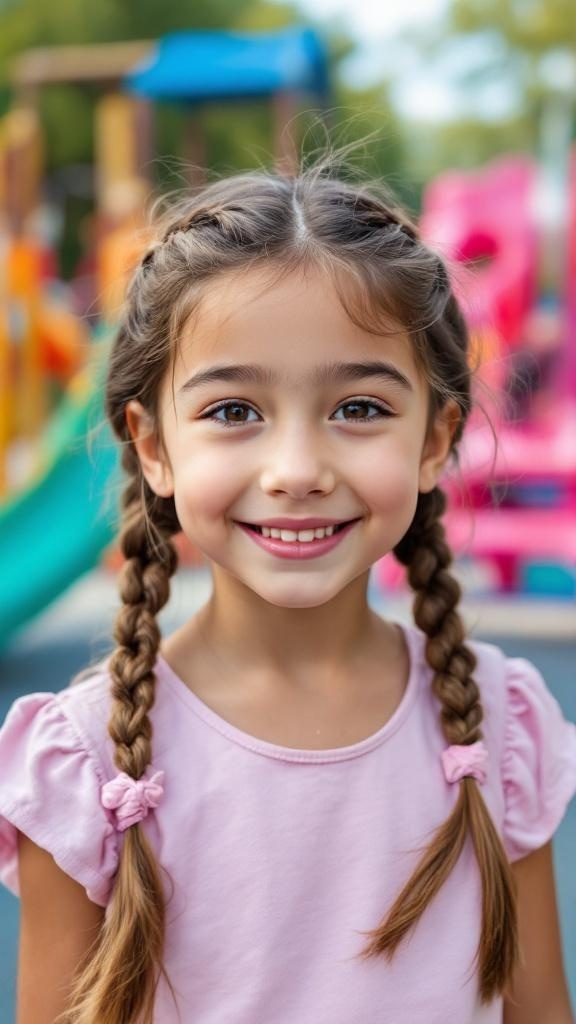 A young girl with double braids smiling at the playground