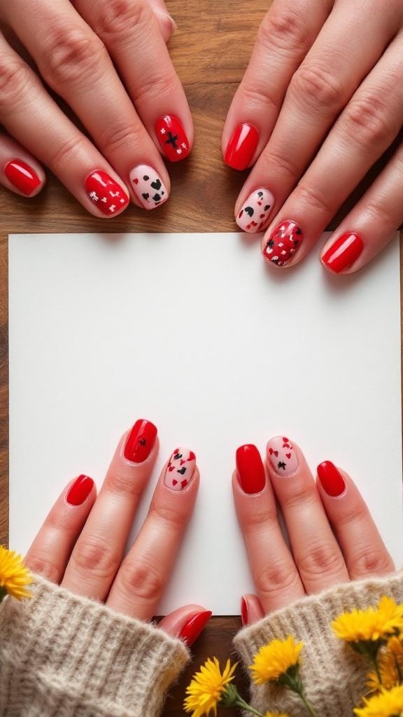 A close-up of hands with playful red nail designs, featuring hearts and patterns, against a wooden background with yellow flowers.
