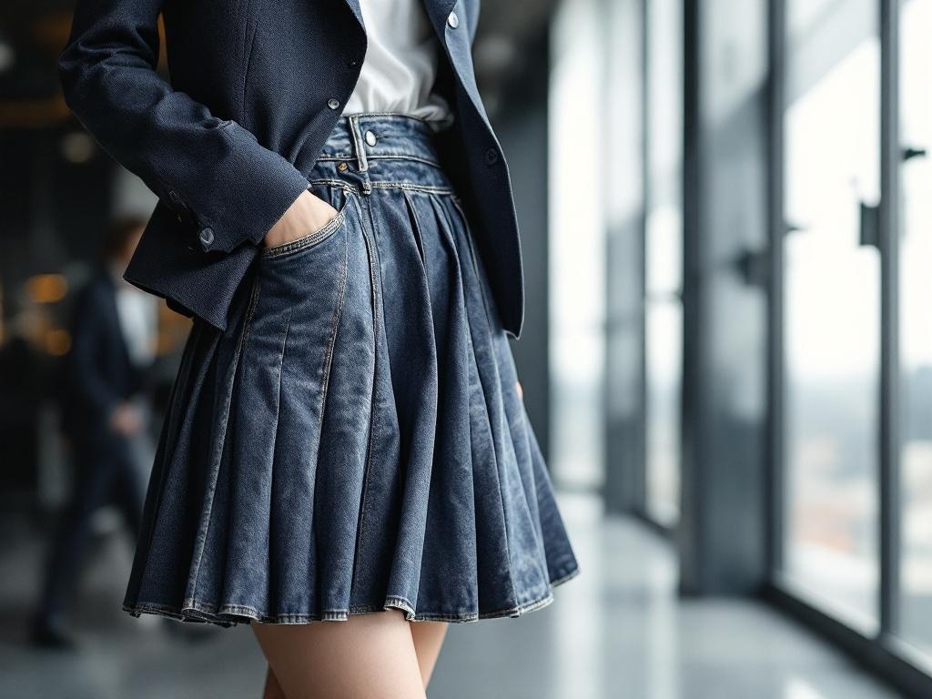 A close-up of a woman wearing a pleated denim skirt and a fitted blazer, showcasing a stylish outfit.