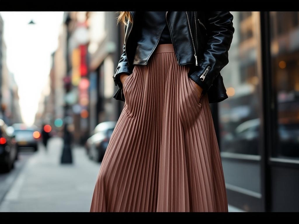 A woman wearing a pleated maxi skirt and a leather jacket, standing in a city street.