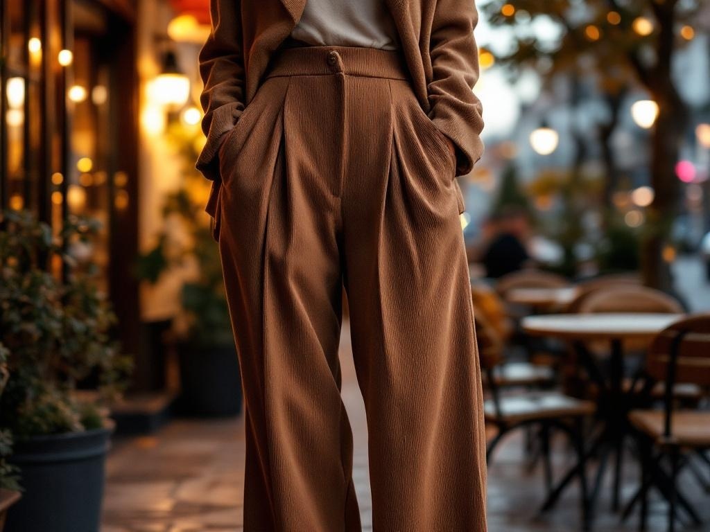A close-up of a person wearing brown pleated trousers, standing in an outdoor café setting.