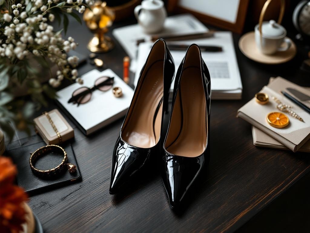 A pair of black pointed-toe booties on a stylish desk with accessories.