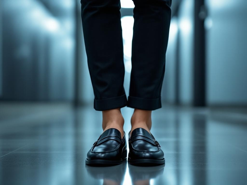 A close-up of polished black loafers worn with tailored pants in a professional setting.