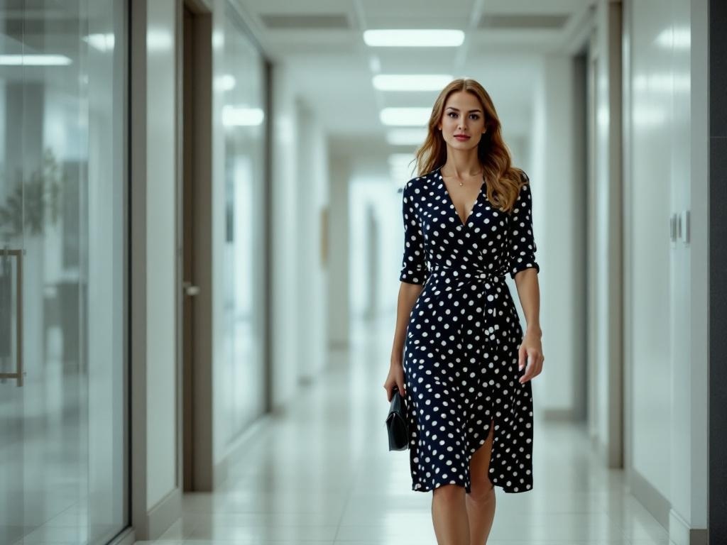 A woman walking in a polka dot wrap dress in an office hallway.
