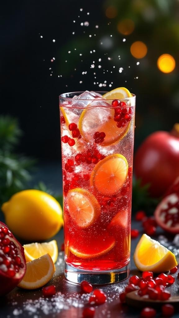 A refreshing Pomegranate and Lemon Sparkling Drink with ice, garnished with lemon slices and pomegranate seeds.