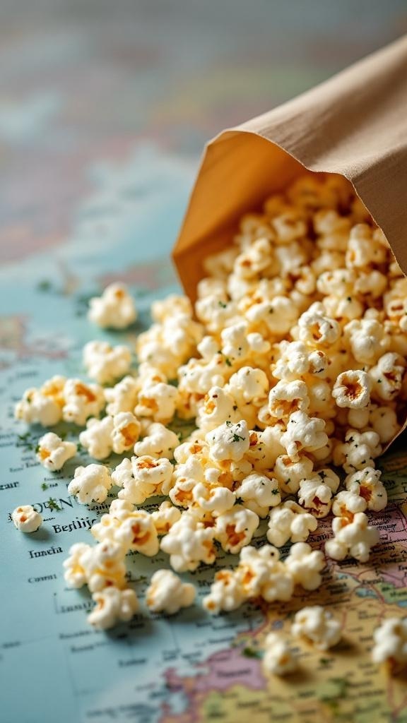 A bag of popcorn spilling onto a colorful map, showcasing a healthy snack for travel.