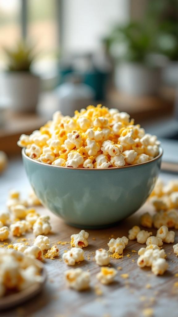 A bowl of popcorn seasoned with nutritional yeast, surrounded by scattered popcorn on a wooden surface.
