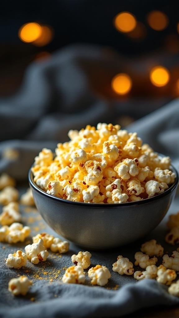 A bowl of popcorn seasoned with nutritional yeast, surrounded by scattered popcorn and soft lighting.