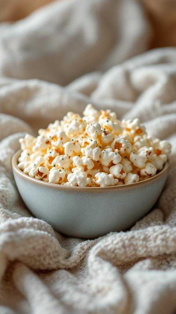 A bowl of popcorn on a cozy blanket