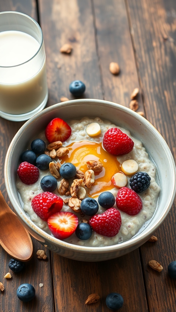 A bowl of overnight oats topped with berries, nuts, and a drizzle of honey.
