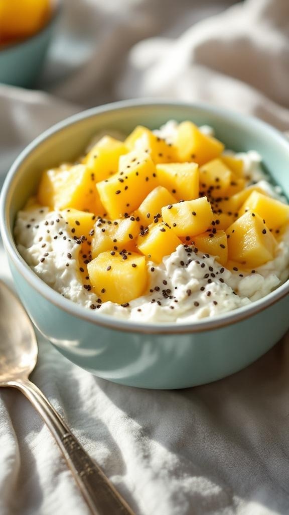 A bowl of cottage cheese topped with diced pineapple and chia seeds, with a spoon beside it.
