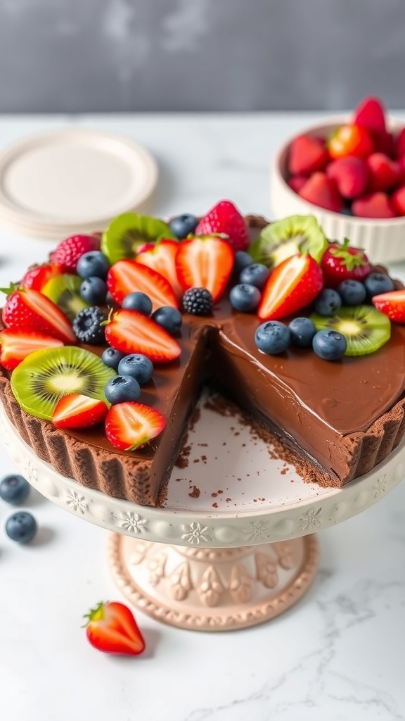 A no-bake chocolate fruit tart topped with strawberries, blueberries, and kiwi, displayed on a cake stand.