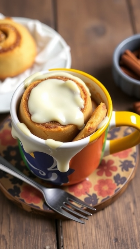 A colorful mug filled with a cinnamon roll mug cake topped with cream cheese icing, sitting on a floral plate with a fork beside it.