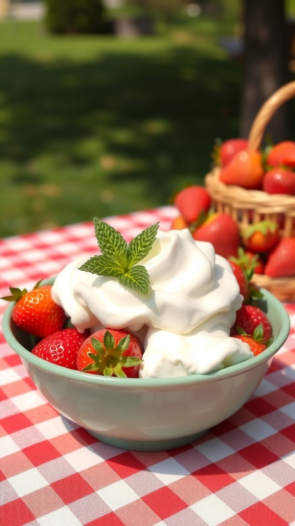 A bowl of strawberries topped with whipped cream and a mint leaf, with a basket of strawberries in the background.