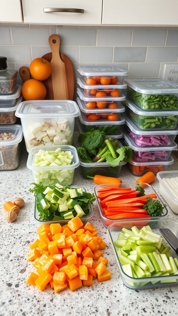 An organized kitchen counter with various prepped vegetables and fruits in clear containers, showcasing efficient meal prep.