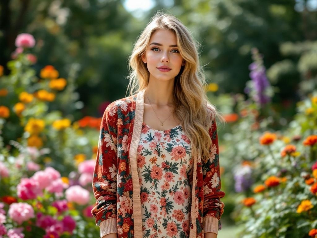 A woman wearing a floral printed cardigan over a simple dress, standing in a garden filled with colorful flowers.