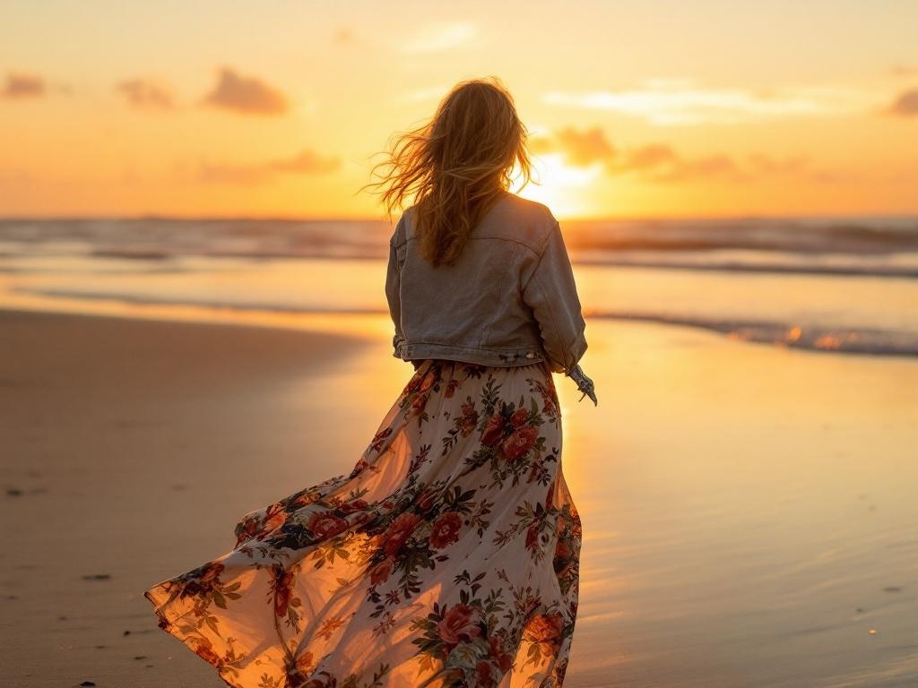 A woman wearing a floral printed maxi dress and denim jacket, walking along the beach at sunset.