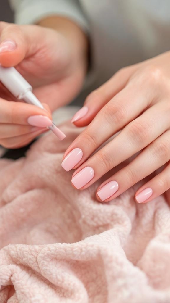 A person applying pink nail polish to well-groomed nails on a soft, fluffy surface.