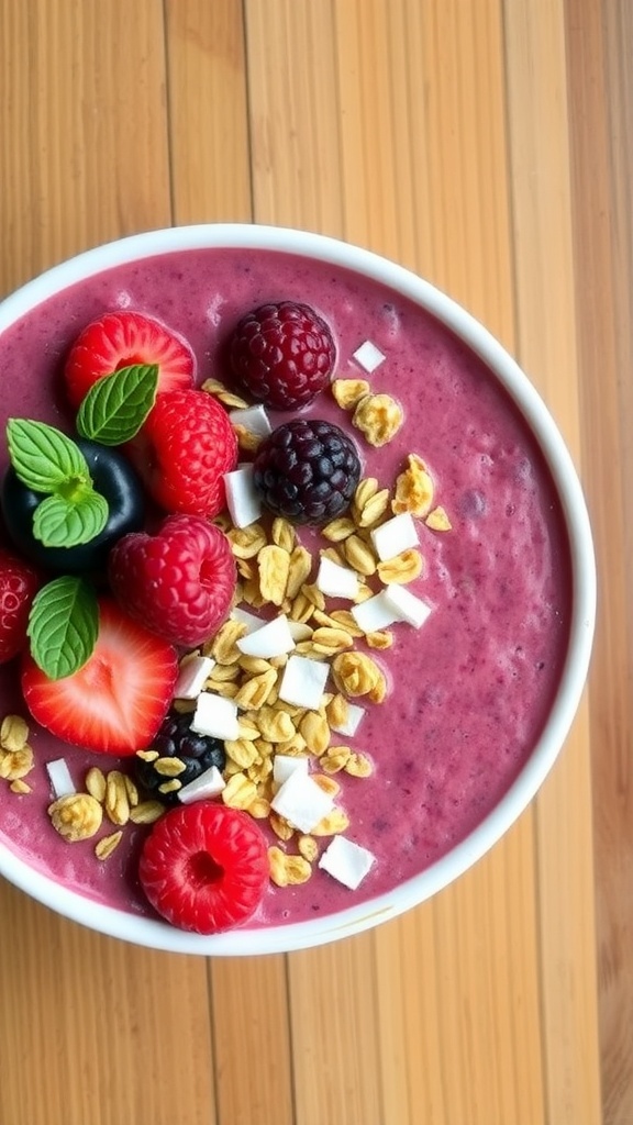 A colorful protein-infused berry smoothie bowl topped with fresh berries, granola, and coconut flakes.