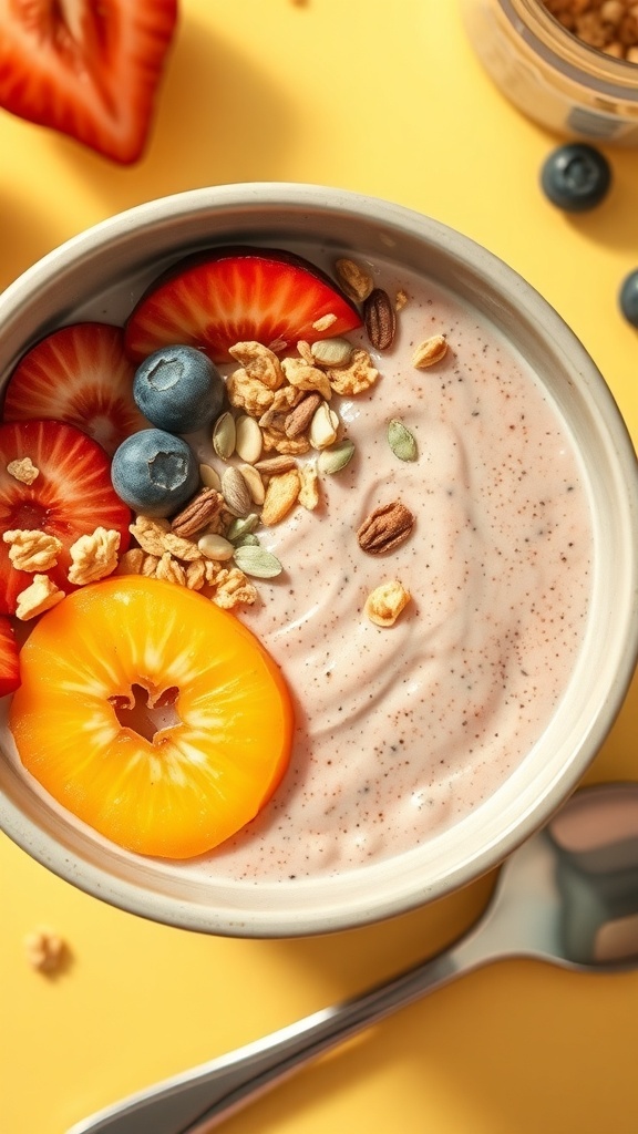 A colorful smoothie bowl topped with fruits, nuts, and seeds.