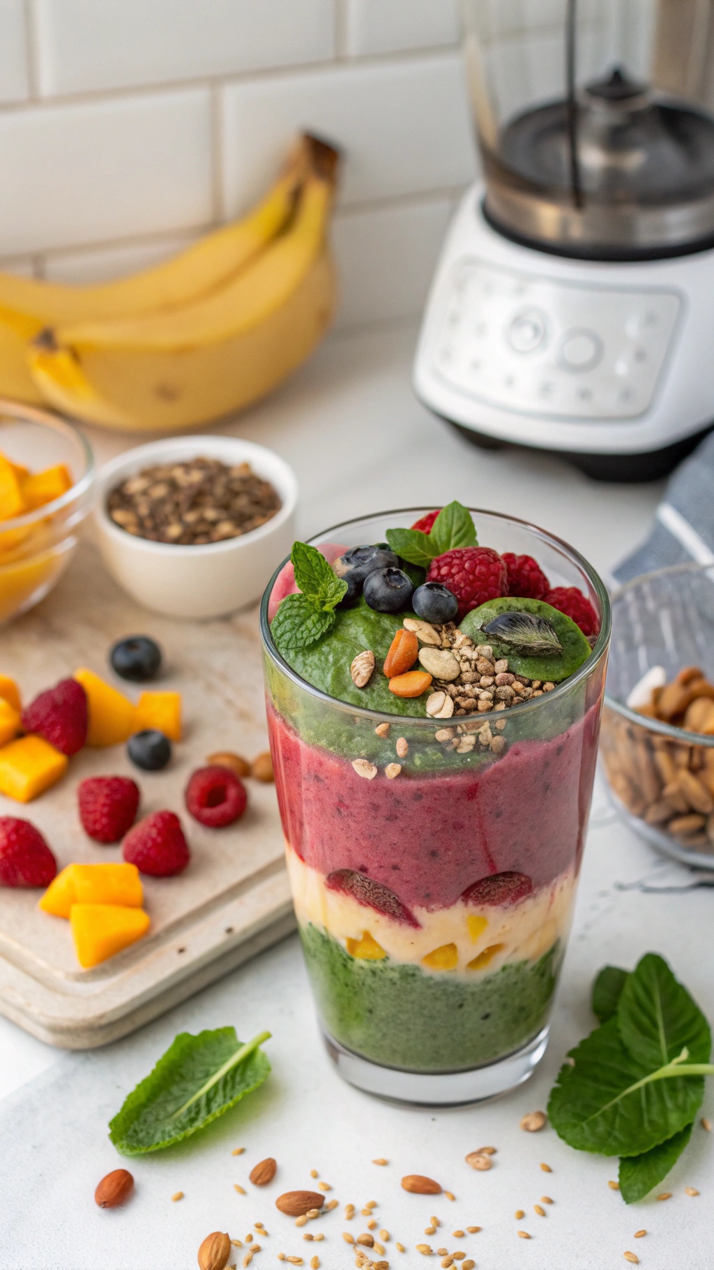 A colorful protein-infused smoothie layered with fruits and greens, topped with nuts and seeds.