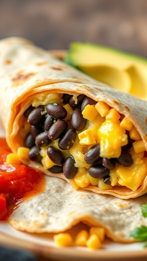 A close-up of a protein-packed breakfast burrito filled with black beans, corn, and cheese, served with salsa.