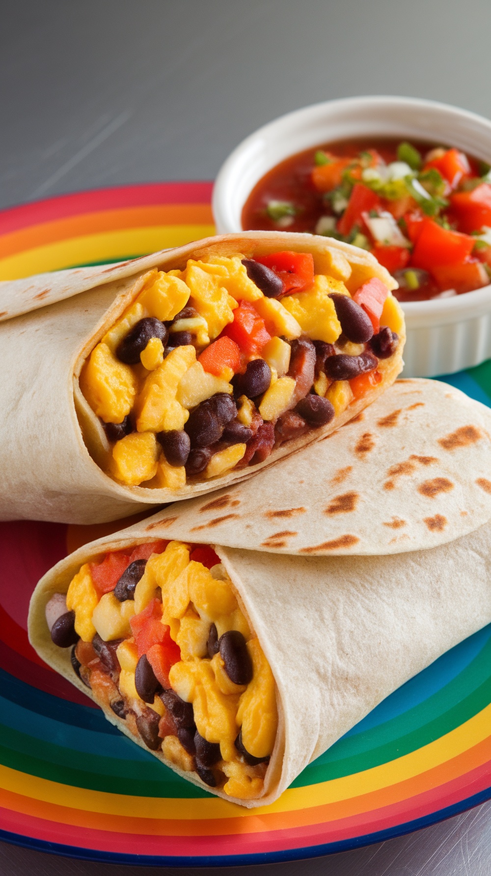 A colorful breakfast burrito filled with eggs, black beans, and peppers, served with salsa.