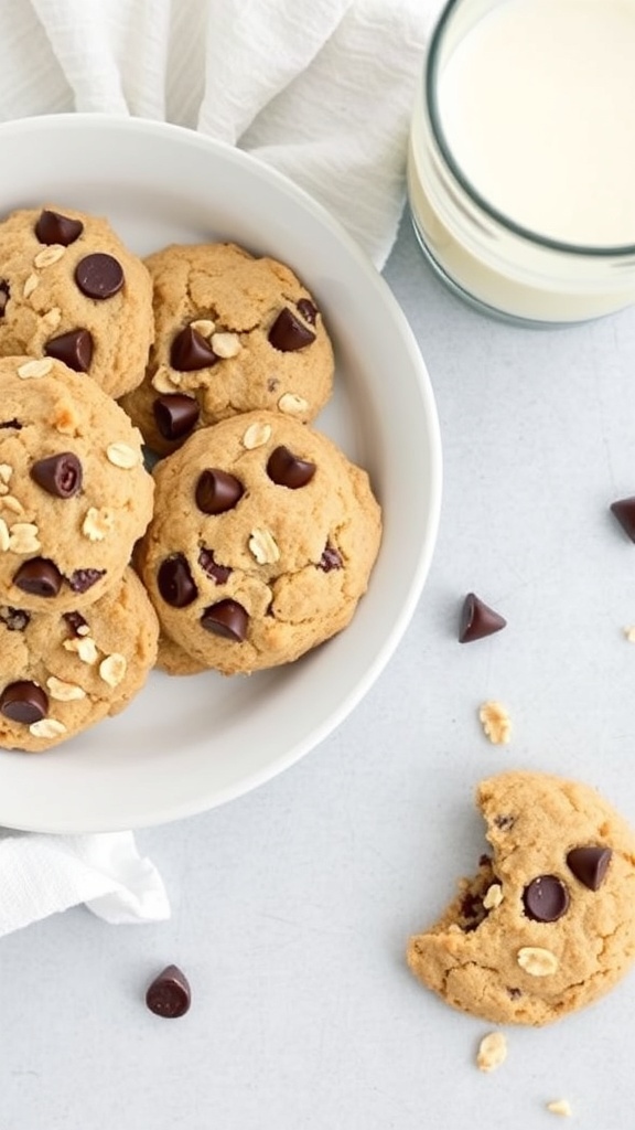 A bowl of protein-packed breakfast cookies with chocolate chips and oats, alongside a glass of milk.