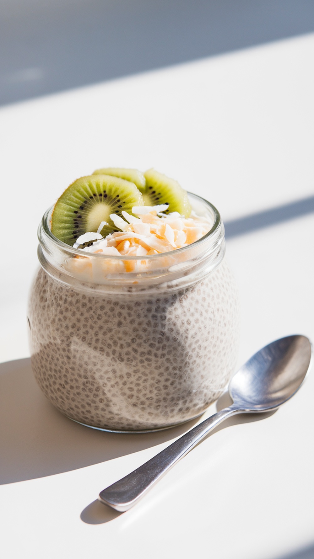 A jar of chia seed pudding topped with kiwi slices and shredded coconut, with a spoon beside it.
