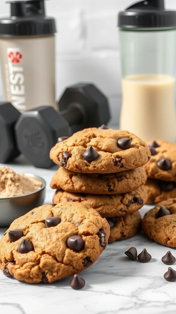 Protein-packed chocolate chip cookies with protein powder, surrounded by workout gear and protein powder.