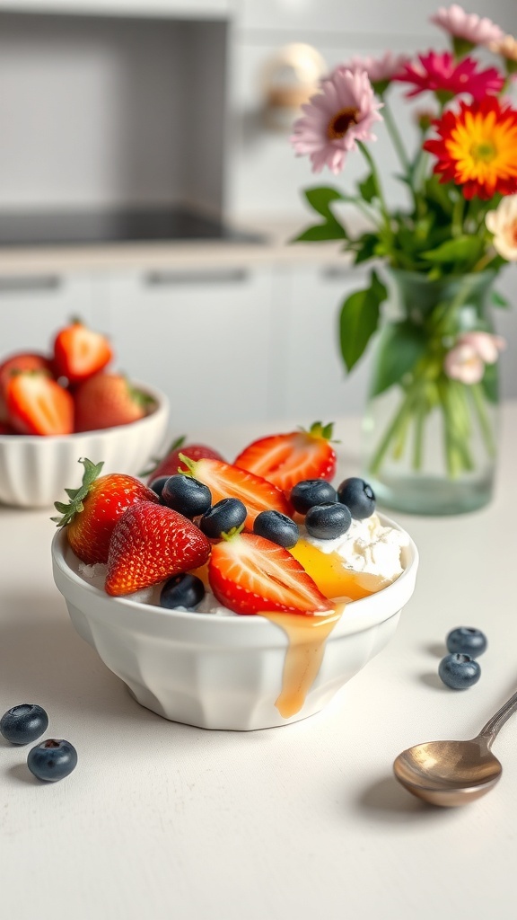 A bowl of cottage cheese topped with strawberries and blueberries, with a spoon beside it.