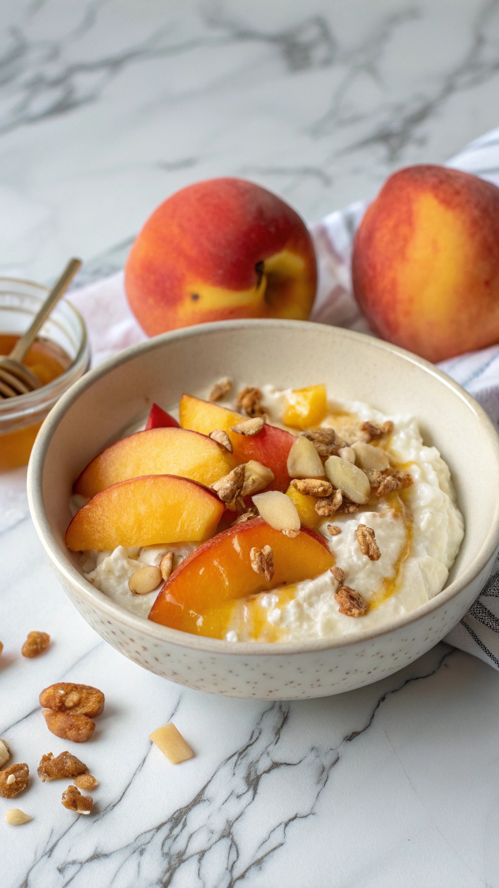 A bowl of cottage cheese topped with sliced peaches, granola, and almonds.