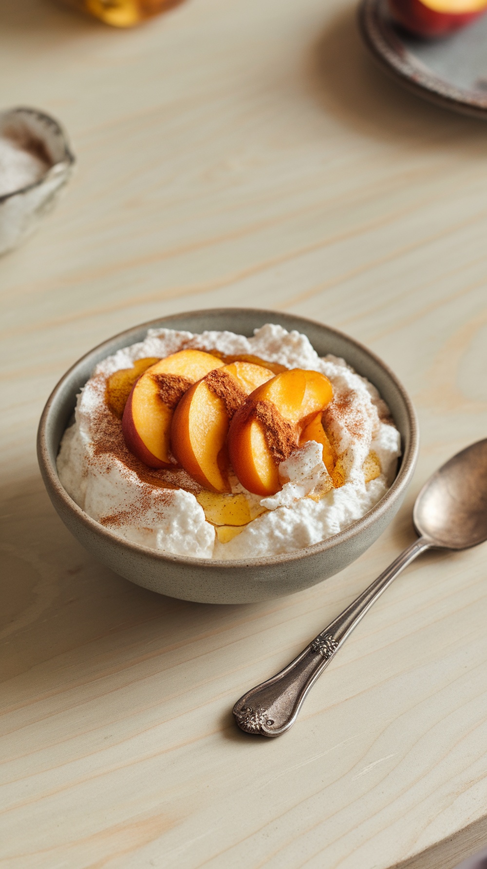 A bowl of cottage cheese topped with peach slices and cinnamon on a wooden table.