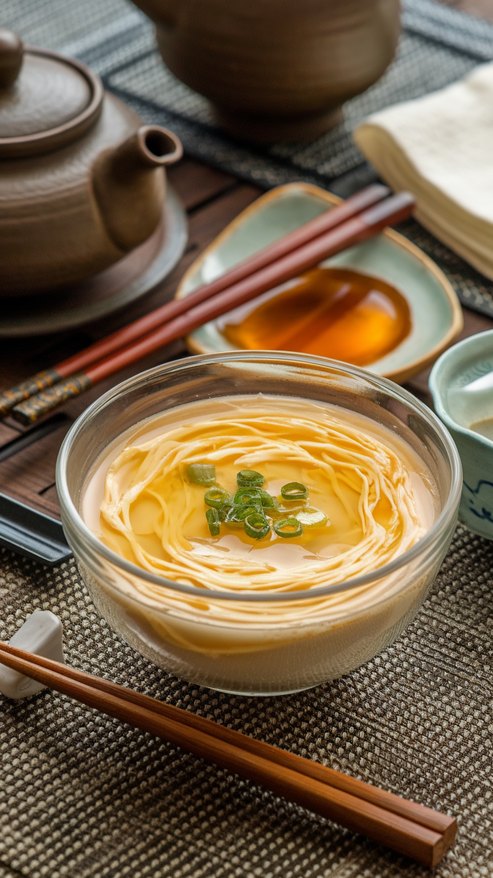 A bowl of egg drop soup garnished with green onions, with chopsticks and a teapot in the background.